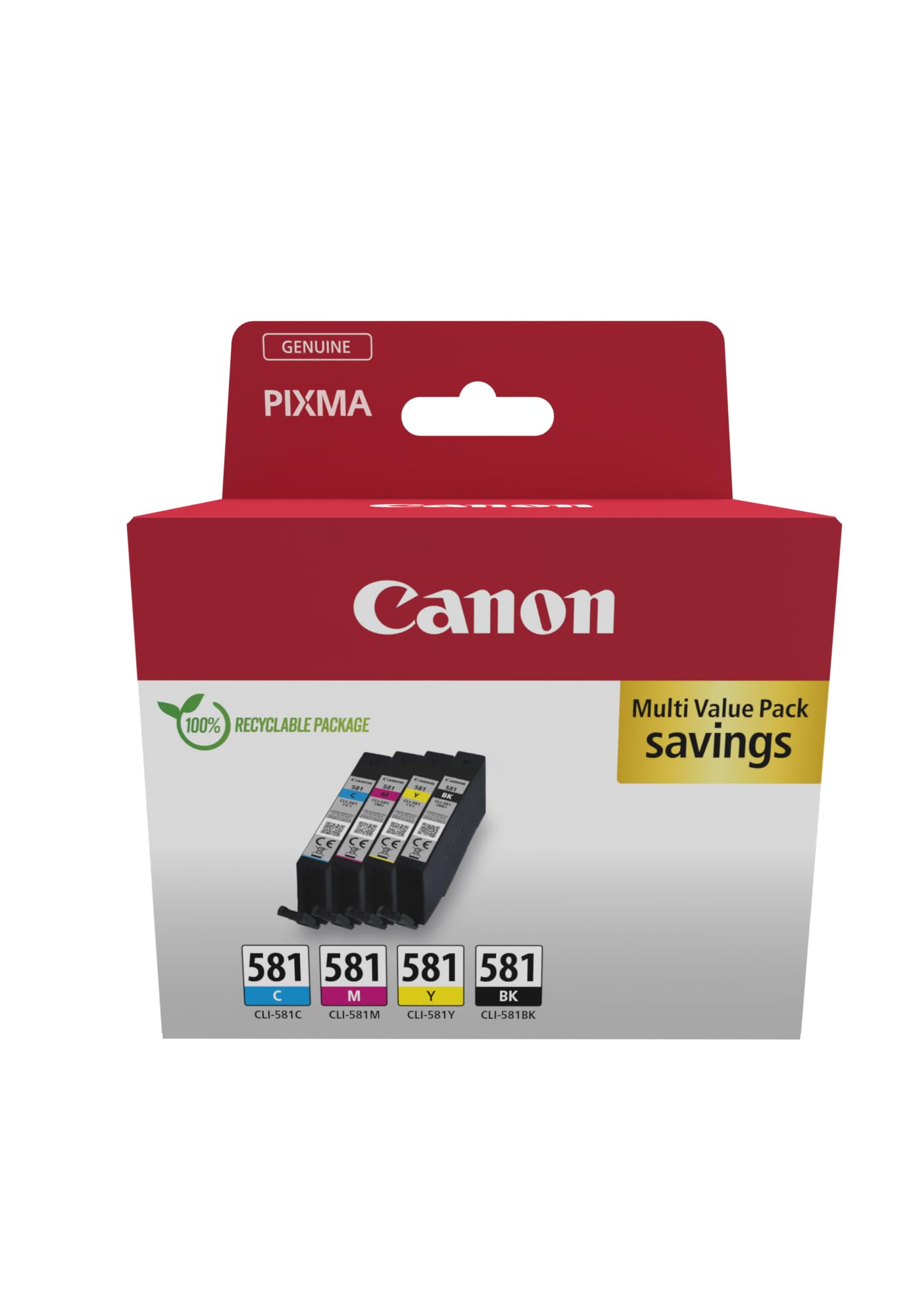 Canon CLI-581 C M Y BK Vorteilspack 4 Tintenpatronen (Schwarz, Cyan, Magenta, Gelb) Original [Umweltfreundliche Recycle-Kartonverpackung 2024]