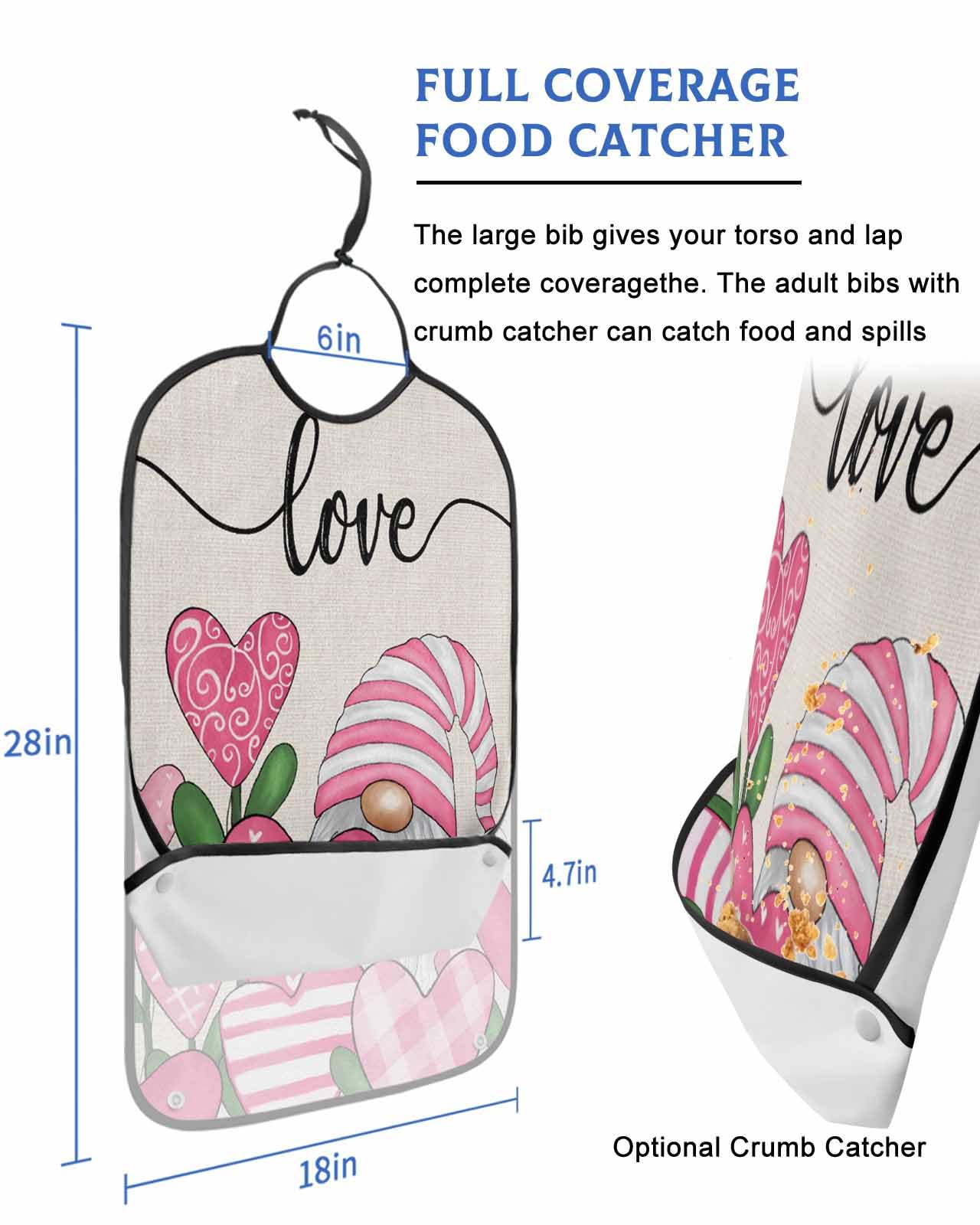 LEOKOTI Pink Gnomes Valentines Adult Bibs for Eating, Waterproof Bibs with Food Catcher & Adjustable Snap Closure, Teal Botanical Rustic Washable Clothing Protectors Adult Bibs for Elderly Women/Men