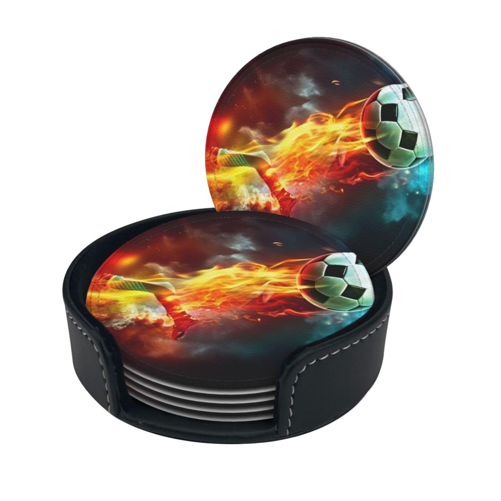 Stylish Coasters - Soccer Set of 6 Round Leather Drink Coasters with Holder - Perfect Size for Cups and Glasses