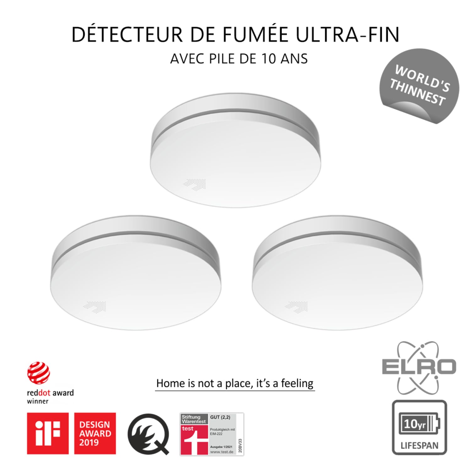 ELRO FS4610 | Détecteur de fumée 3 pièces | Le Détecteur de Fumée Le Plus Fin du Monde | Batterie 10 Ans | Conforme à la Norme Européenne EN14604 | Blanc | 3 Pièces