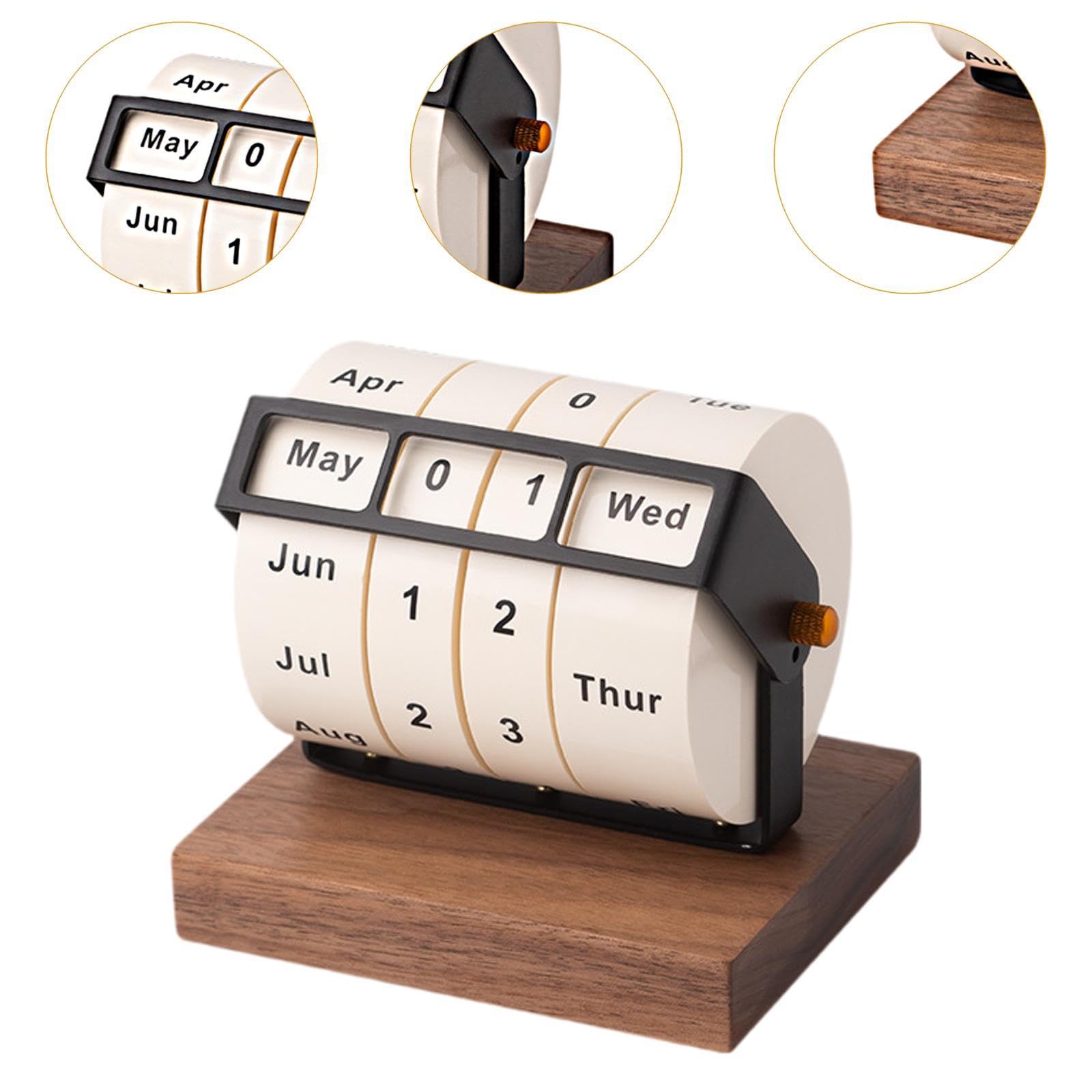 MERIGLARE Drehbarer Tischkalender, Holz Rollkalender, Kreativer Tischkalender für Café, Schule, Geburtstagsgeschenk, Dunkelbraun