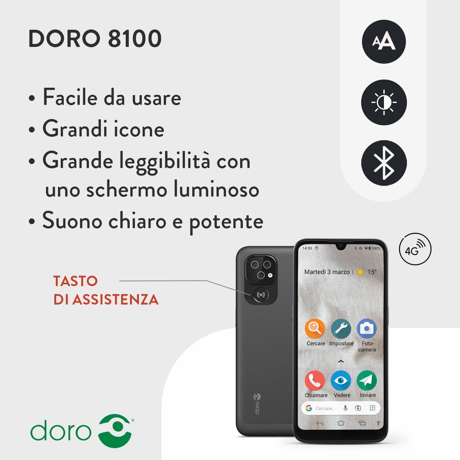 Doro 8100 4G Smartphone Senior – Telefono Cellulare – Resistente all'acqua – Tripla fotocamera – Tasto Assistenza con GPS – Display 6.1" – Riconoscimento facciale – Android 12GB (nero)