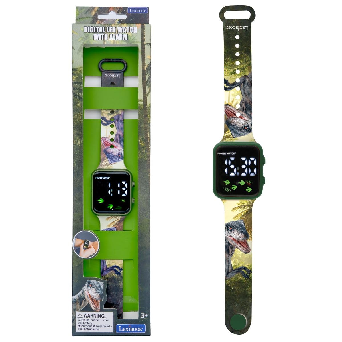 Close-up of LEXiBOOK DMW060DINO watch face showing digital time 12:30