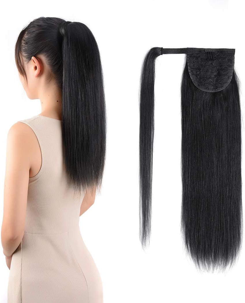 Ponytail Extension Hair Clip in 16 inches 80g Jet Black Color Straight Drawstring Wrap Remy Ponytail Hair Extensions Human Hair Piece for Women (16"-80g, Jet Black #1)