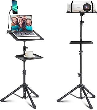 Lusweimi Projector Tripod Stand, 50 Laptop Stand with 2 Shelves for Projector, iPad, DJ Equipment, Portable Adjustable Floor Stand with Gooseneck Phone Holder for Office, Home, Stage or Studio