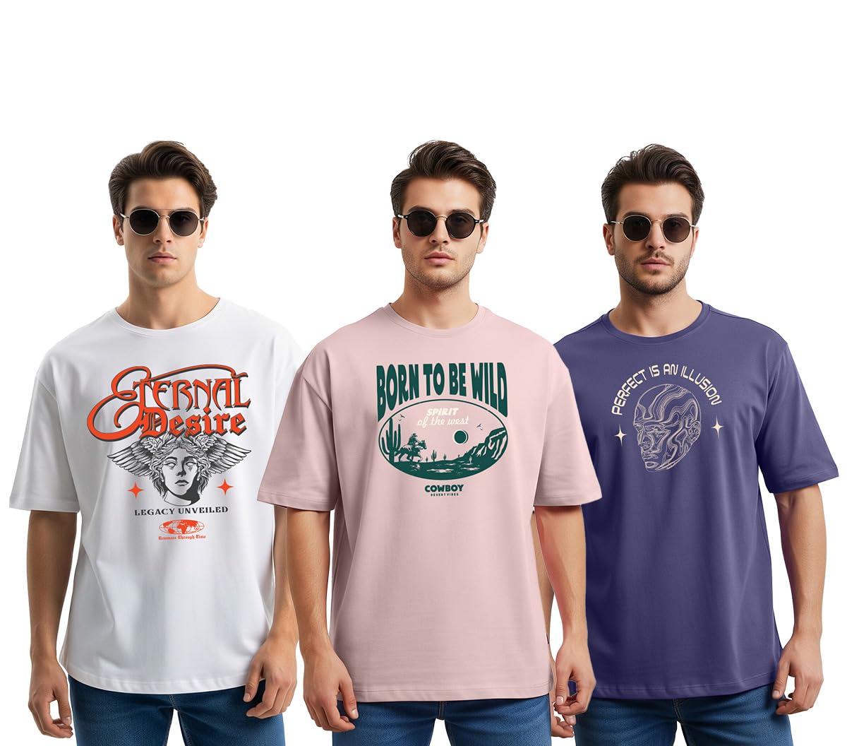 Cotton Blend Oversized Baggy Fit Drop Shoulder Round Neck Graphic Printed Half Sleeve T-Shirt Combo for Men (Pack of 3)-picture-27
