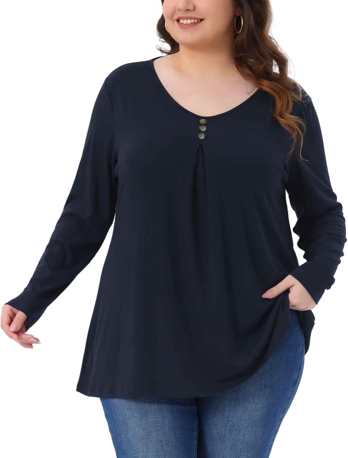 Agnes Orinda Plus Size Top for Women Long Sleeve V Neck Button Casual Loose Tunic Tops Basic Tee Shirts