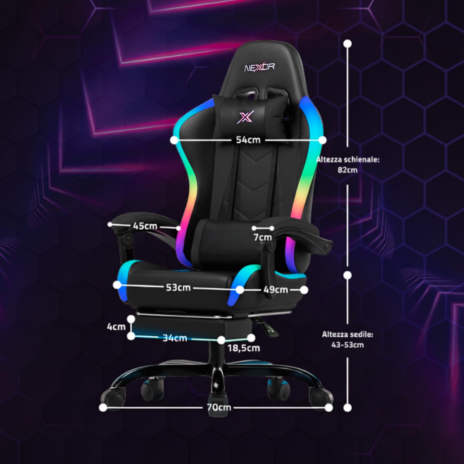 Wintem – – Sedia Gaming con Poggiapiedi Estraibile, Doppio Cuscino e Luci LED RGB USB per Comfort Totale e Design Futuristico Ideale per Gioco, Studio e Ufficio