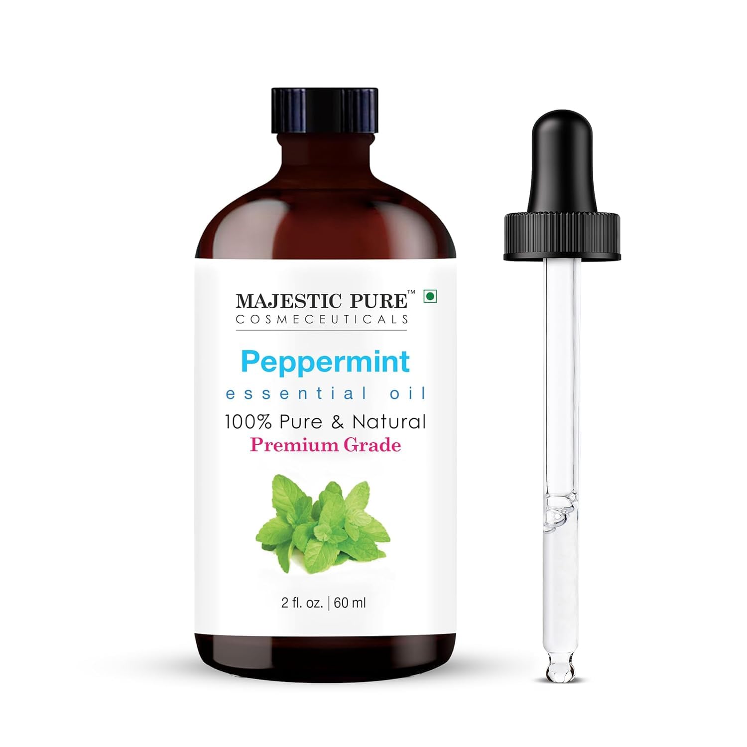 Majestic Pure Essential Oil with Glass Dropper - 100% Pure and Natural - Essential Oils for Diffuser, Aromatherapy, Soap and Candle Making, Peppermint Essential Oil, Peppermint Oil, 2 Fl Oz