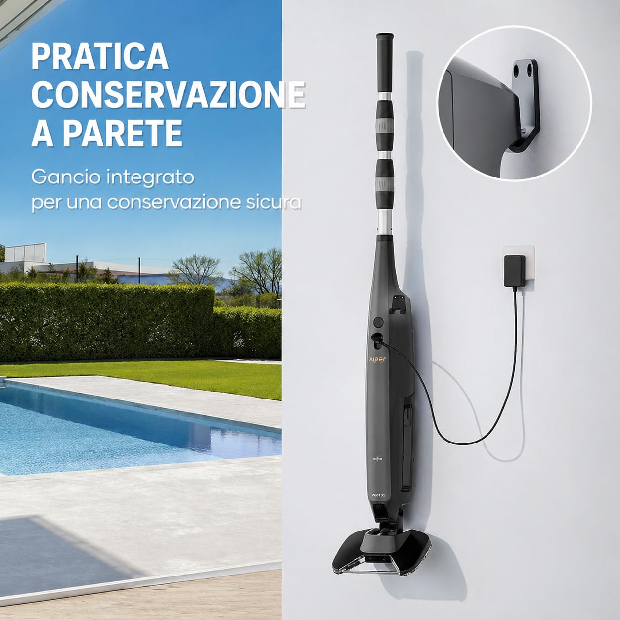Aiper Pilot X1 Scopa elettrica Aspirapolvere per piscine esterne ed interne. Pulisci fondo. Manico Telescopico.