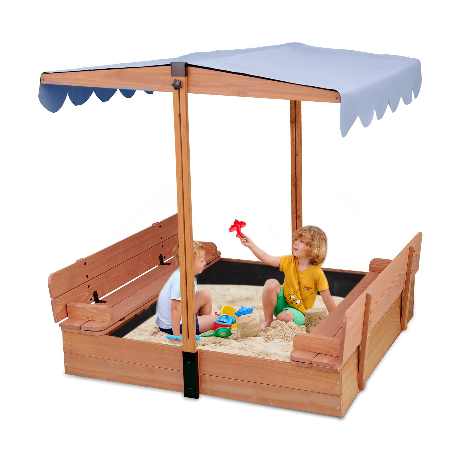 FunXplore Wooden Kids Sandbox with Lid Sand Box with Cover for Outdoor with Canopy Ages 4-8, Sand Pit with 2 Foldable Bench Adjustable Roof Bottom Liner