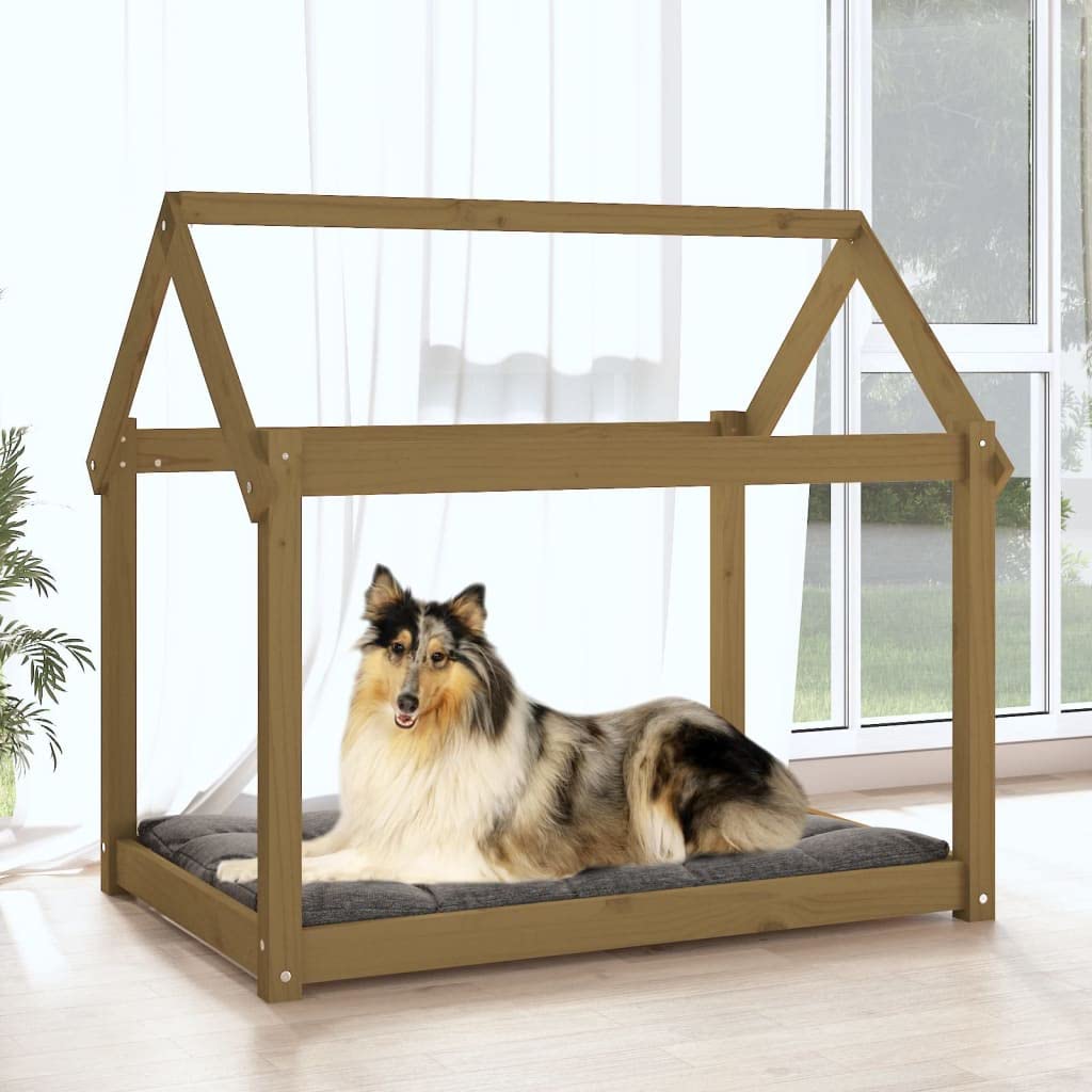 Cuccia per cani in legno di pino massiccio, 101 x 70 x 90 cm, morbido cuscino imbottito, divano antiscivolo, materasso lavabile, lettino per cuccioli e anziani, colore: marrone miele