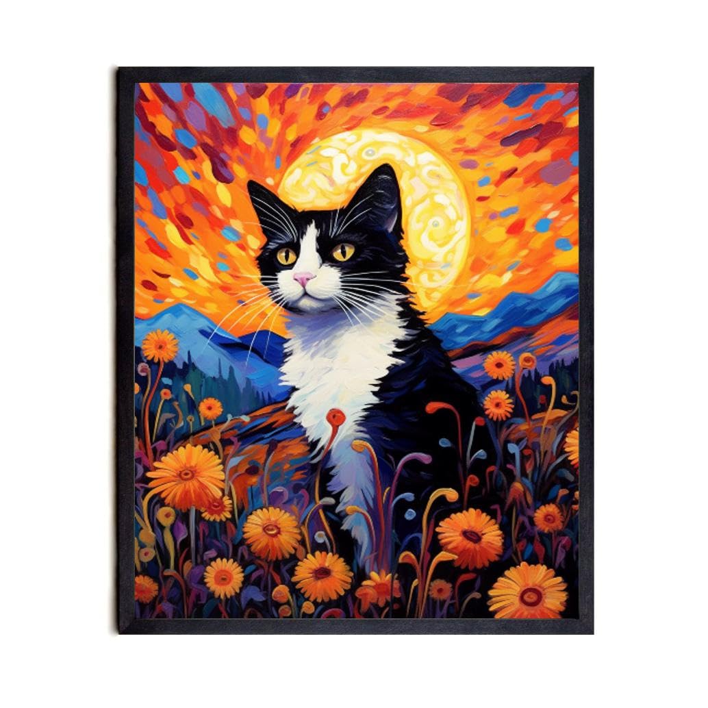 Bestbuddy Pet 8X10 Unframed Starry Night Van Gogh Inspired Tuxedo Cat House Pet Friend Family Animal Clinic Oil Painting Art Print Poster Wall Decor AP175