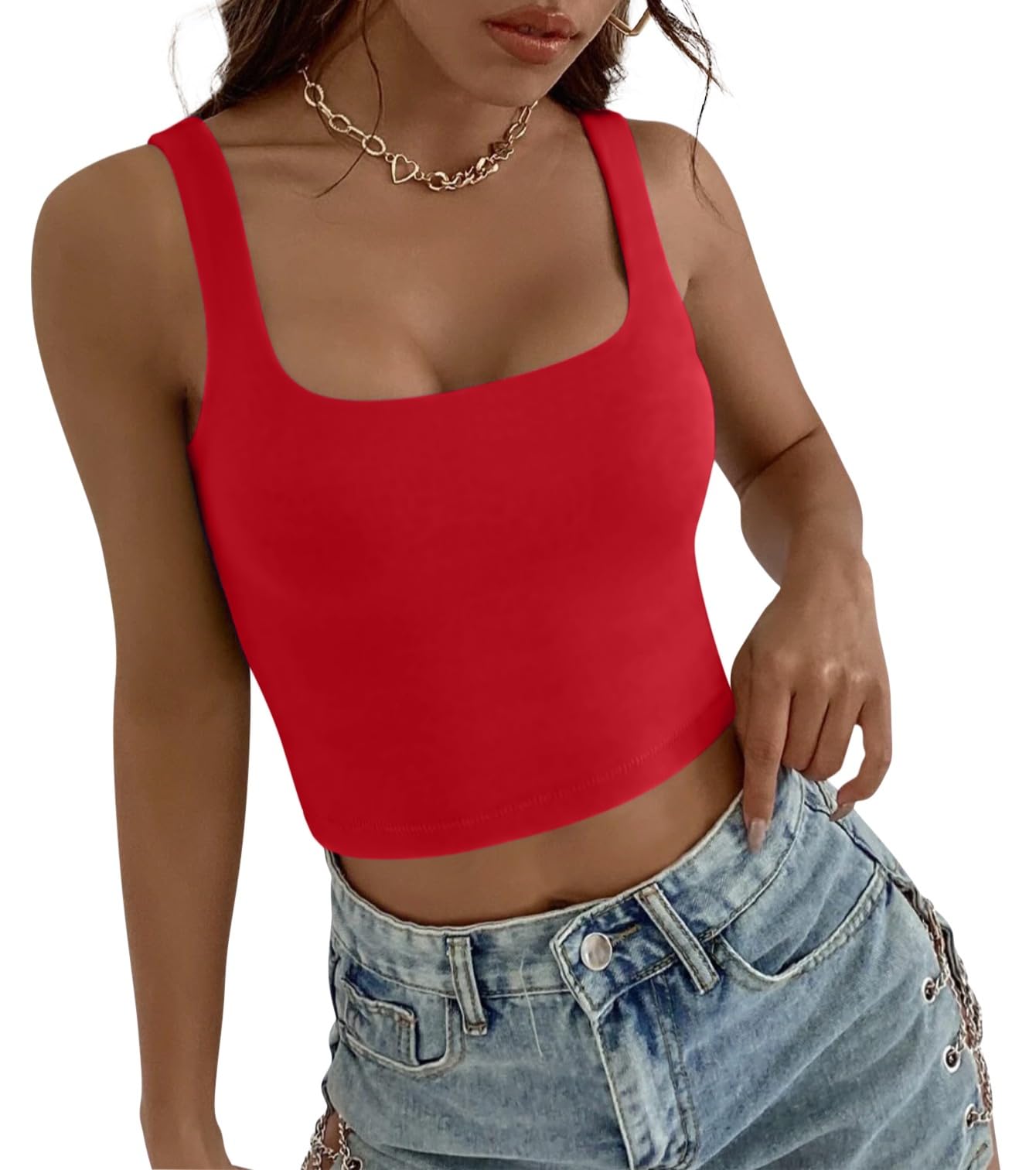 Sweet Hearts Crop Top for Women- Sleeveless Double Layer Square Neck Tank Workout Fitness Casual Basic Tank Top Made in USA