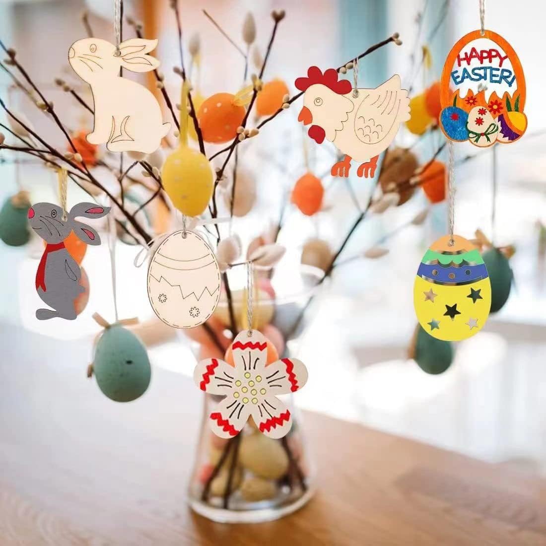 MELLIEX Ornamenti Pasquali in Legno, 20 Pezzi Decorazioni Pasqua Pendente in Legno Non Finiti, Artigianato Fai da Te per Bambini Decorazioni Pasqua