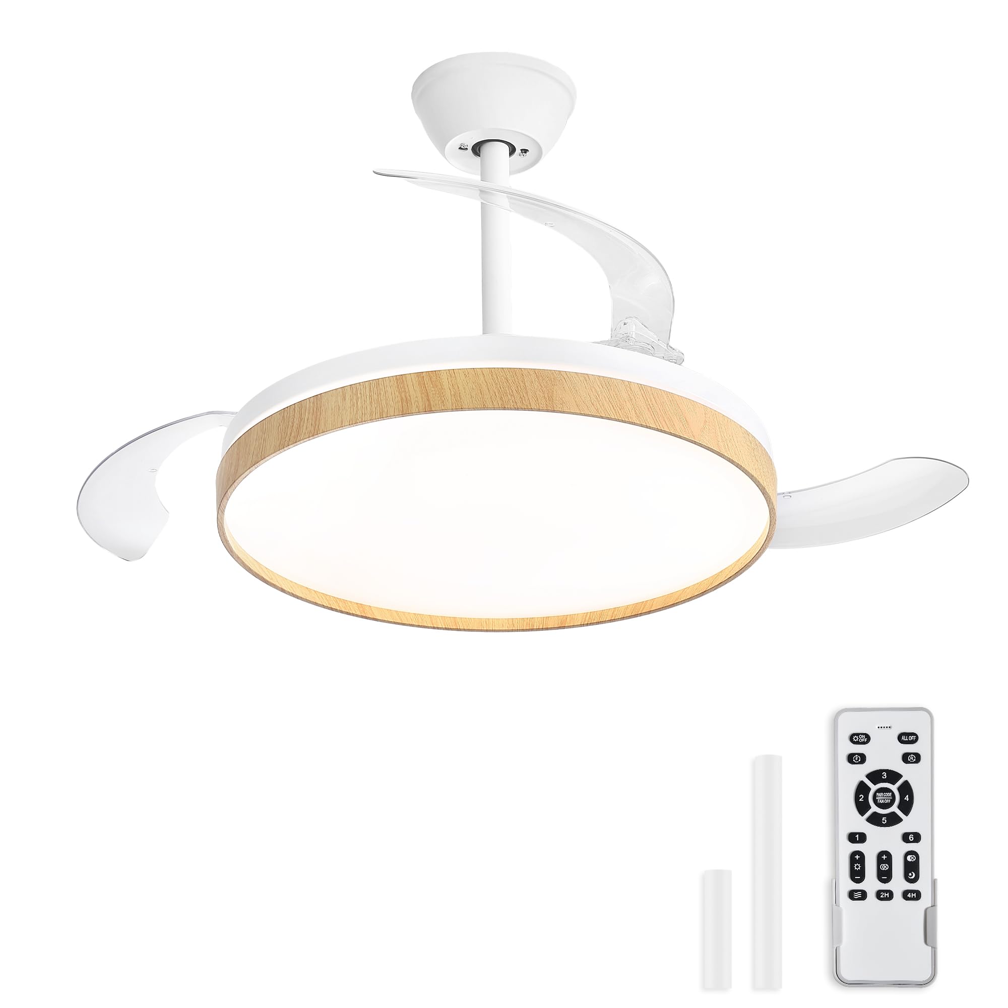 ZMISHIBO Ventilatore da soffitto con luce 106 cm, ali invisibili, CCT 3000 K – 6500 K, funzione estiva e invernale, motore DC 30 W + LED 38 W, 6 velocità, silenzioso, timer 2 h/4 h, legno chiaro