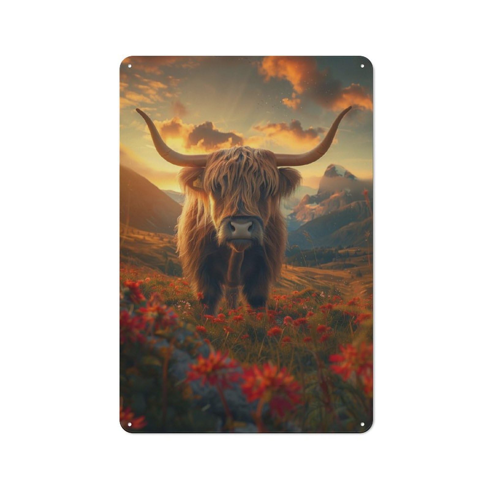 Junmoney Highland Cow Sunset Farmhouse Metal Sign With Design 30X20cm, Rustic Farmhouse Wall Decor For Farmhouse Kitchen, Pantry Or Dining Area