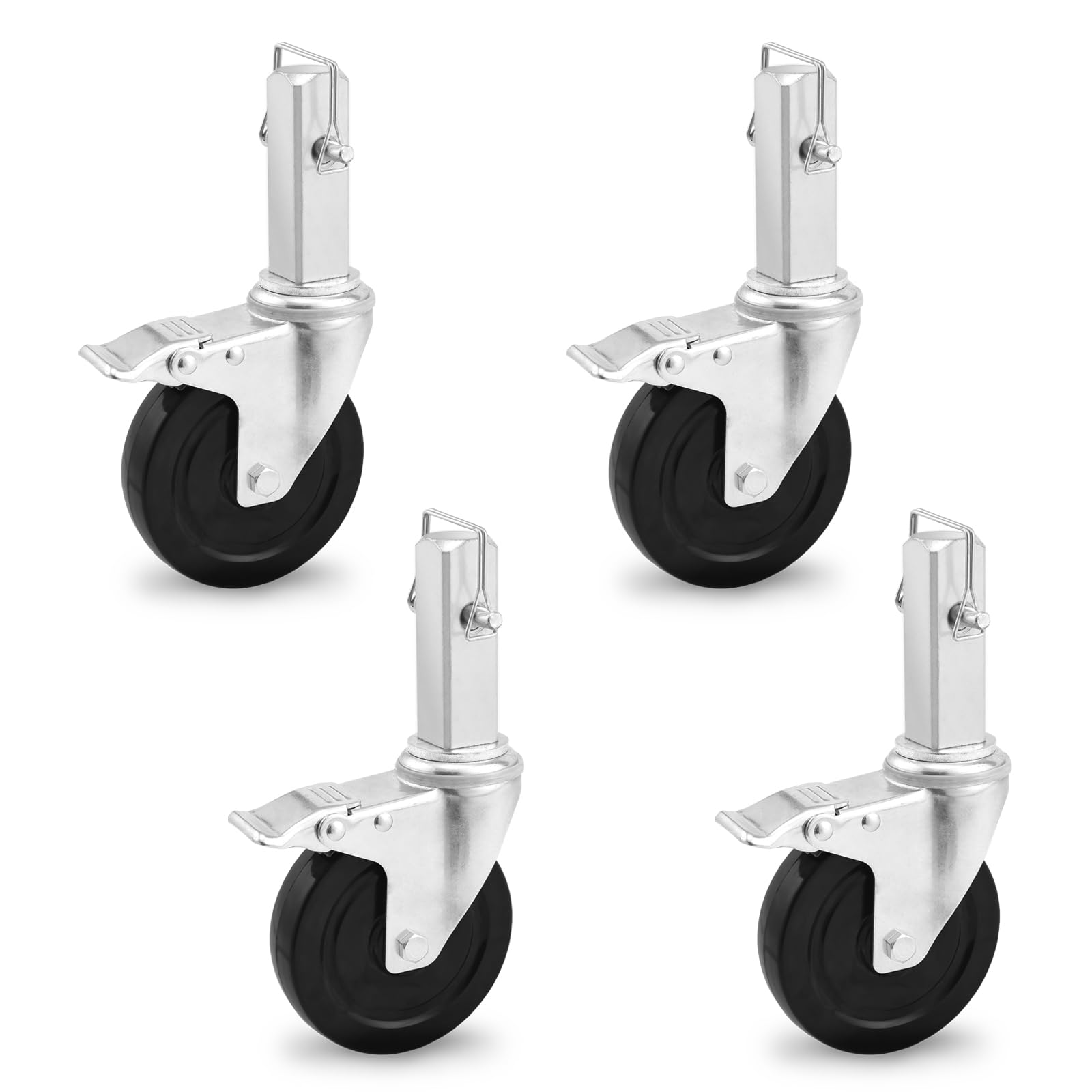 5INCH Scaffolding Wheels, Scaffold Caster Set of 4 with Dual Locking Brakes, Scaffolding Set Square 1-1/4" Stem, Heavy Duty 1410LBS Per Rubber Casters