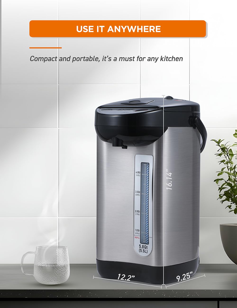 Commercial Chef Electric Hot Water Dispenser, 750W Stainless Steel Water Boiler with 5.8 Qt. Capacity, 360-Degree Base, 3 Dispensing Modes, Chlorine Removal, CHHWD10B, Stainless/Black