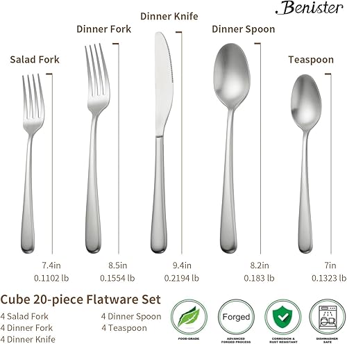 Miniatura 4 de Benister Juego de cubiertos de 20 piezas de acero inoxidable forjado, acabado satinado mate, apto para lavavajillas, vajilla moderna de lujo,