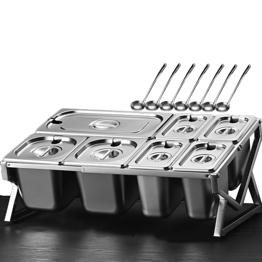 Soporte de cocina de acero inoxidable de 10 sartenes Set organizador de especias con tapas cucharas, 2 fila encimera inclinada estante de condimento, contenedores buffet titular para