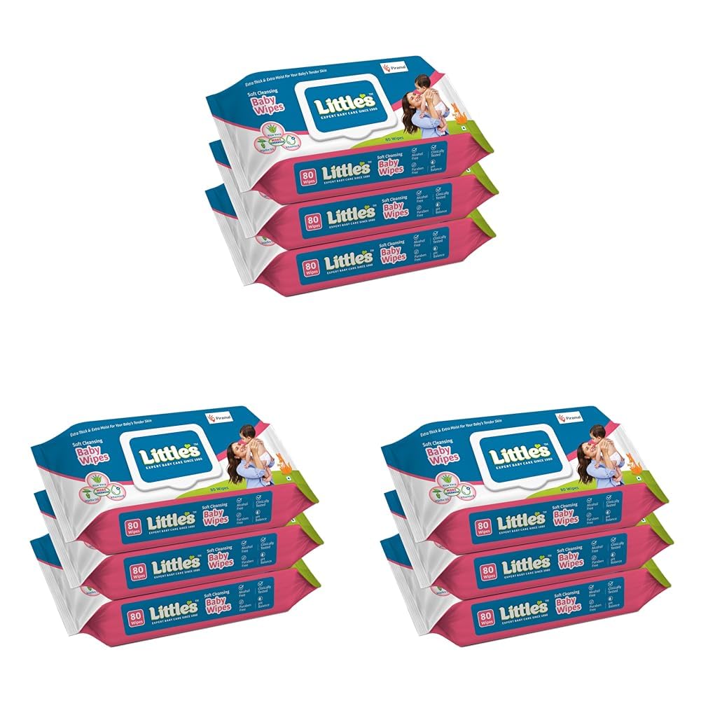 Little's Soft Cleansing Baby Wipes with Lid | 80 Wipes x Pack of 9-240 Wipes | Extra Thick & Moist Wet Wipes for Baby's | Prevents Rashes & Redness with Goodness of Aloe Vera, Vitamin E & Jojoba Oil-image-8
