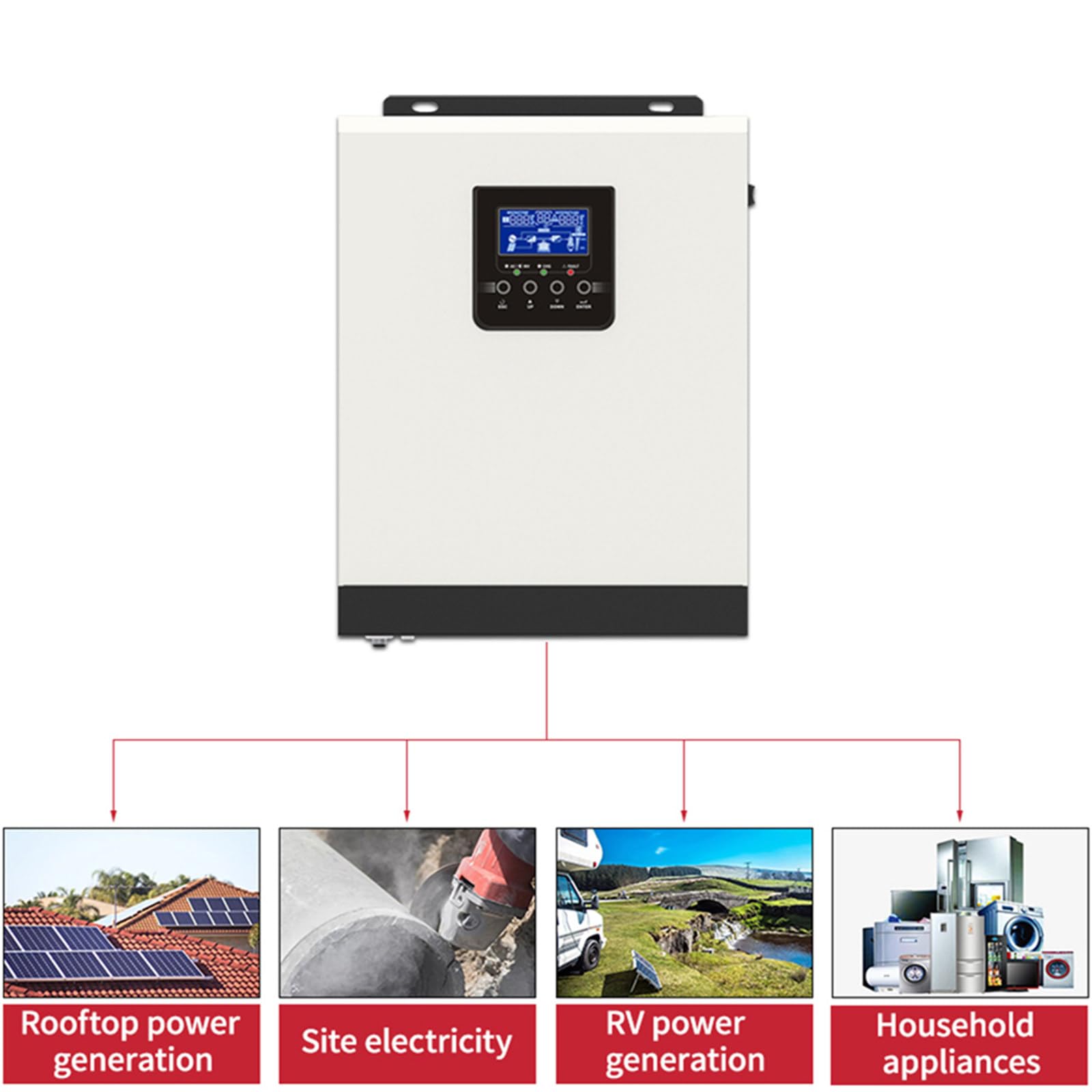 Inversor/cargador híbrido multifunción (3000 VA, 2400 W) - Entrada de onda sinusoidal pura (24 V CC) - Salida (80 V CC/220 V CA), controlador de carga solar PWM de 50 A integrado, para sistemas sola
