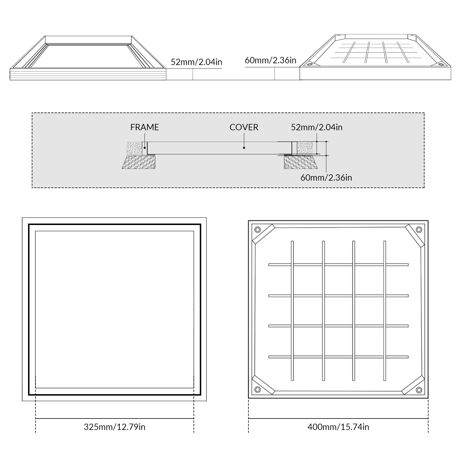 LIROPAU Tapa de alcantarilla de 400 x 400 mm, aluminio | tapa de alcantarilla empotrada y marco para escenas interiores y exteriores, altura 60 mm