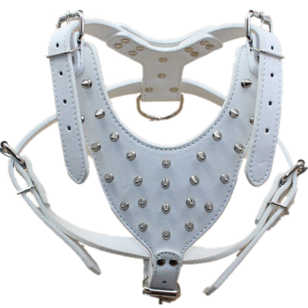 Collares de perro medianos y grandes, arneses y correas de cadena, juego de 3 piezas a juego para Pit Bull, Mastín, Boxer, Bull Terrier (M, Blanco)