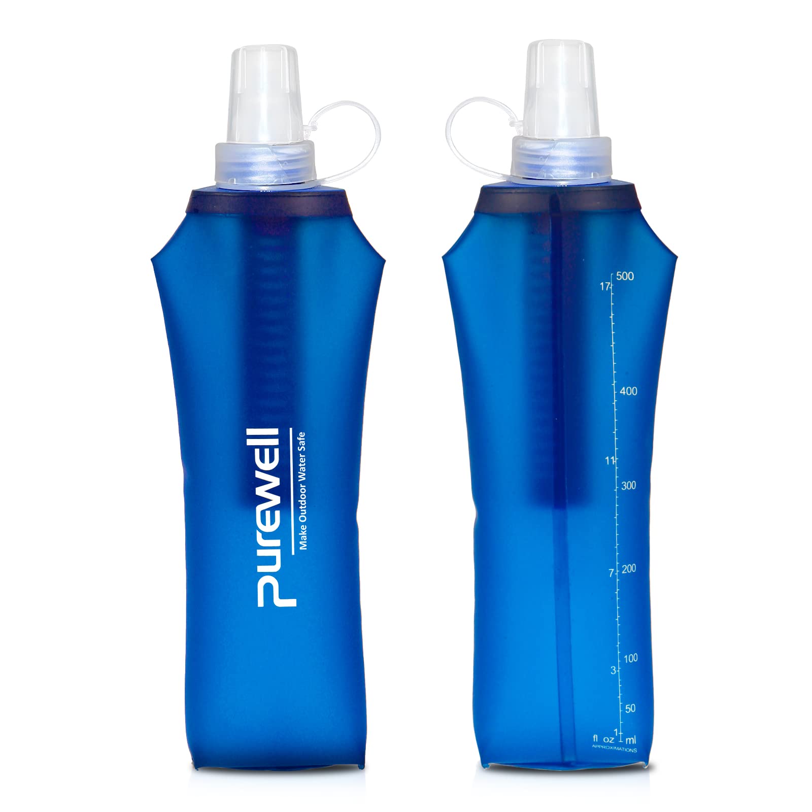 PurewellWater Filter Container BPA Free Outdoor Filtered Water Bag,Collapsible Squeeze Filtered Water Bottle for Sport Camping and Hiking(2PCS Blue)