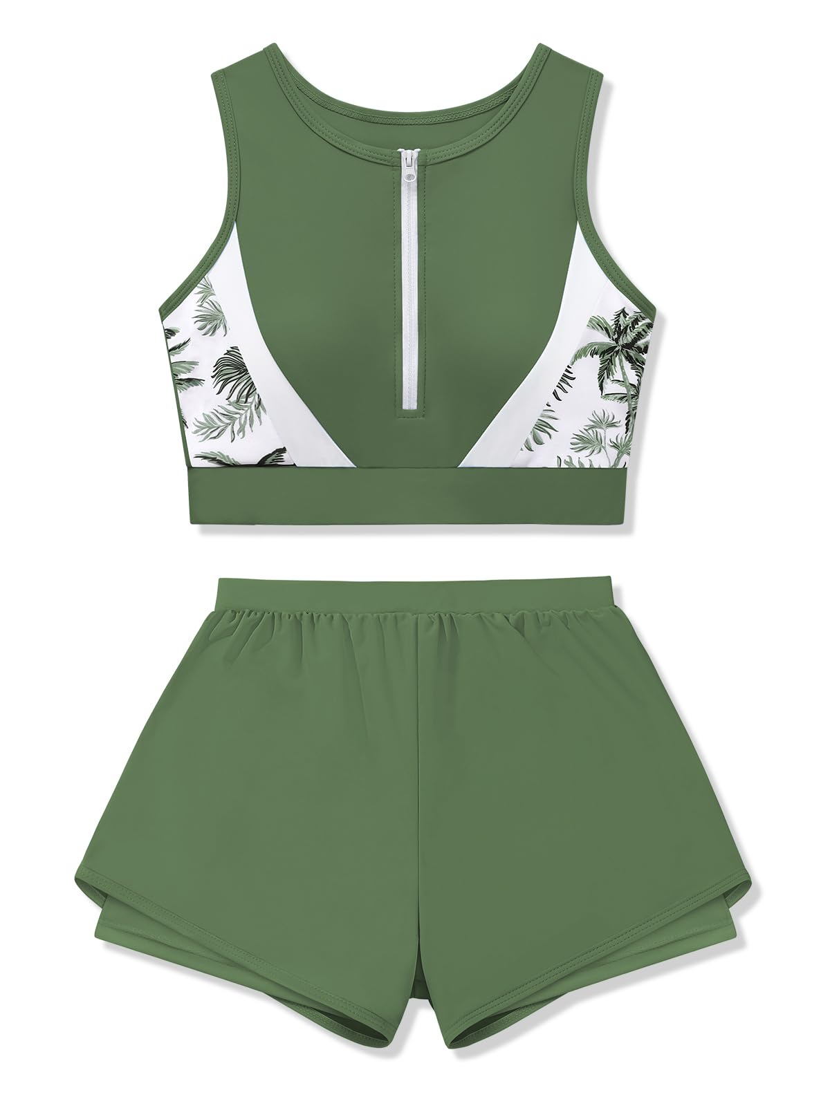 Girls Swimsuit Color Block Zipper Front 2 Piece Bathing Suit with Liner Bodyshort Sporty Girls' Swimwear 9-16T