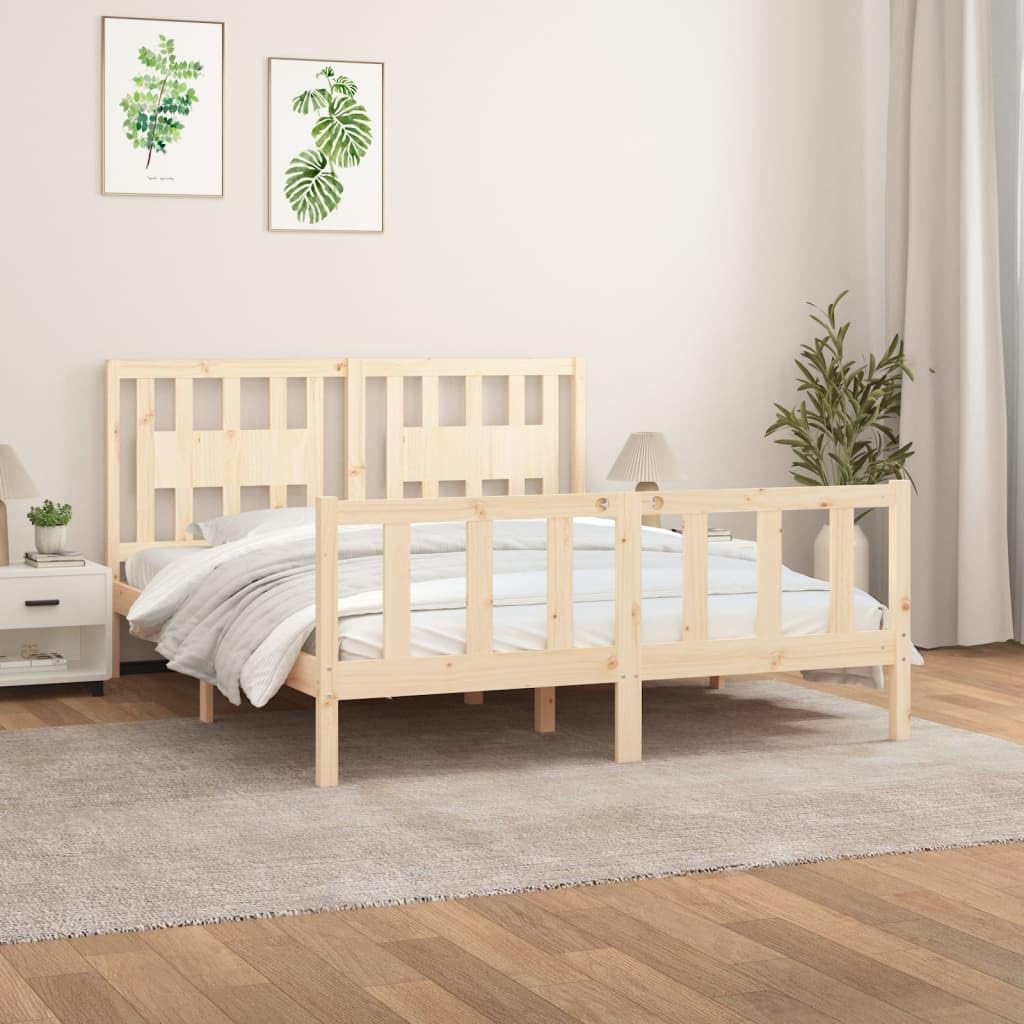 Lite drewno sosnowe Klasyczna rama z wezgłowiem Brąz 160x200 cm | Rama łóżka z wezgłowiem lite drewno sosnowe 160x200 cm solidna stabilna