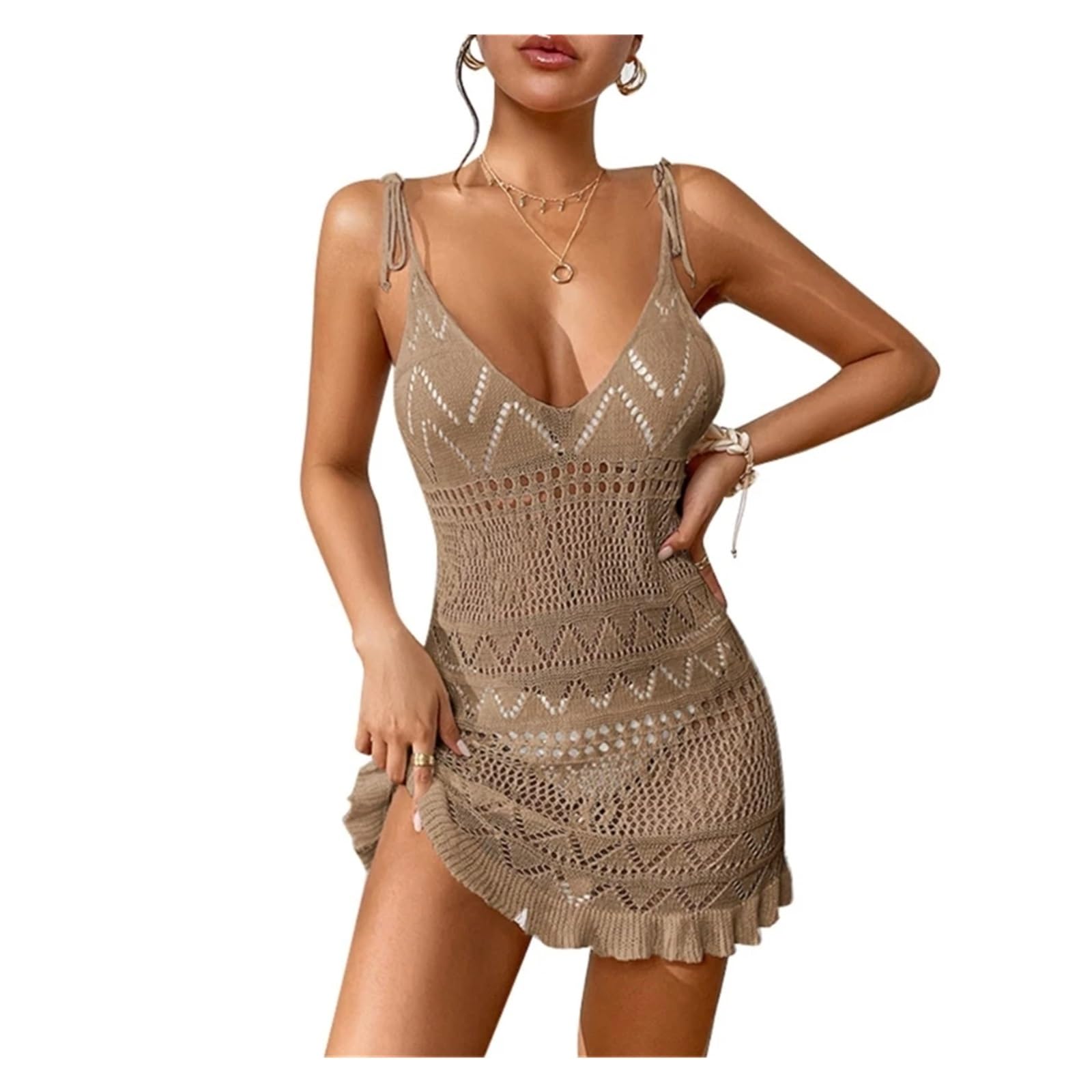 Bikini Cover Up Vestido de Playa con Escote en V Profundo for Mujer, Traje de baño Transparente de Ganchillo, Cubre Traje de baño Calado, Ropa de Playa(Khaki)