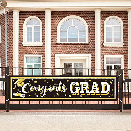 Image of Black Graduation Banner 2025 Congrats Grad Banner Graduation Party Decorations Fabric Grad Backdrop for 2025 High School or College Graduates Party Supplies