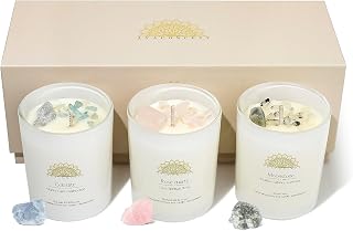 AvaConcept Healing Crystal Candle Gift Set – Set of 3 Celestite, Rose | Quartz & Moonstone Hand-Poured Soy Wax Sea Salt Driftwood, Blackcurrant Rose & Amber Noir Aromatherapy Scents Premium Box
