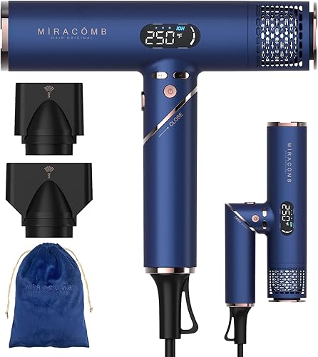 MIRACOMB Secador de pelo plegable de viaje, potente secador iónico profesional con motor sin escobillas para secado rápido, ligero y portátil para