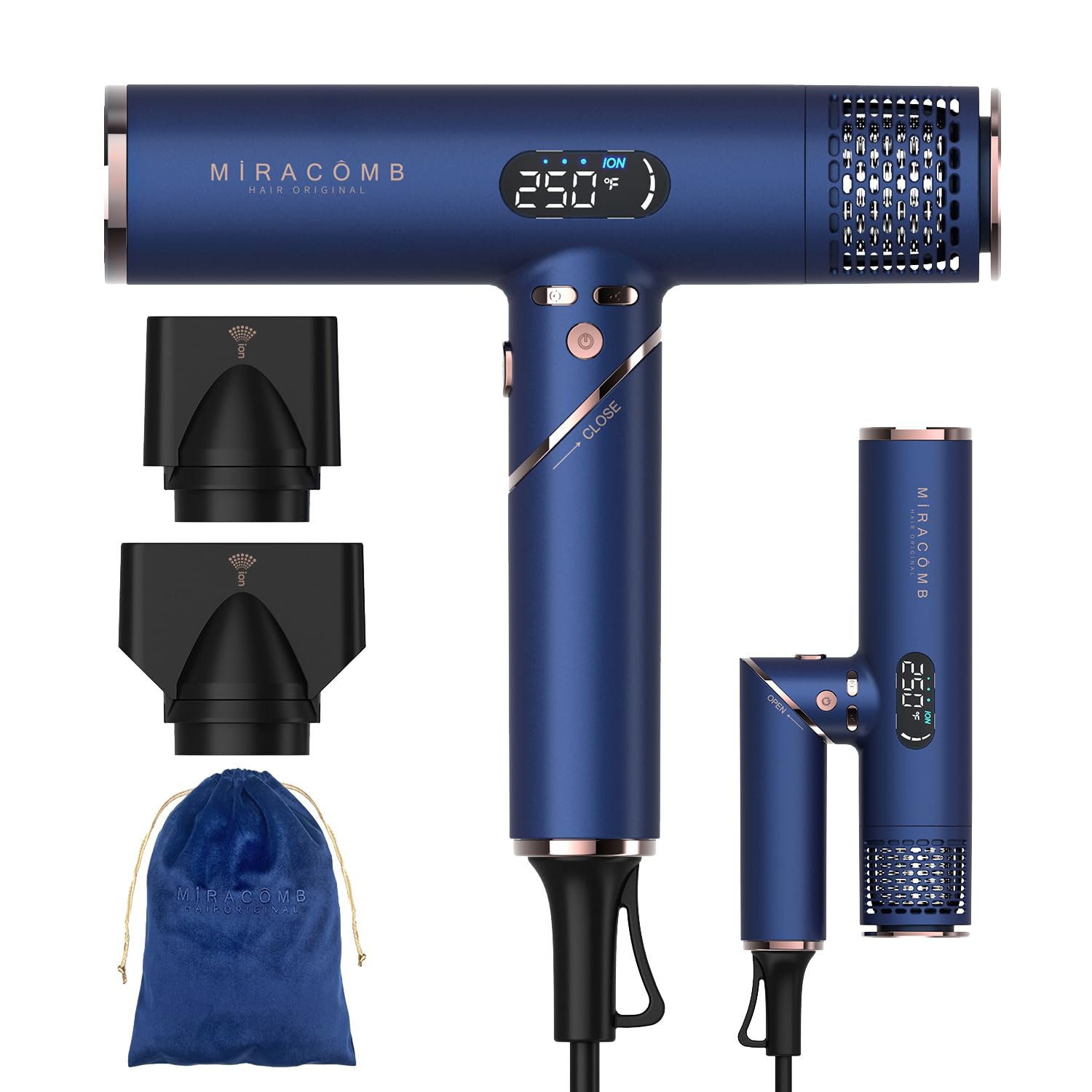 MIRACOMB Foldable Travel Hair Dryer, Powerful Ionic Blow Dryer Pro with Brushless Motor for Fast Drying, Lightweight Portable Hairdryer for Women/Men, Digital Heat/Speed Settings, with 2 Nozzles