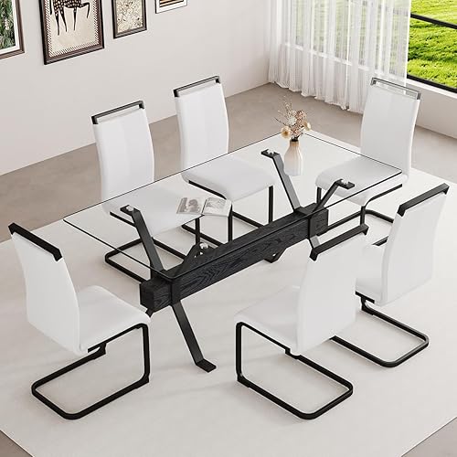Juego de mesa de comedor de cristal de 71 pulgadas para 6 personas | Juego de mesa de comedor moderno para 6 con sillas de piel sintética | Mesa de