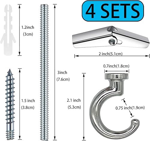 Miniatura 7 de Ganchos de techo grandes resistentes con accesorios para colgar plantas, instalación de techo, fijación de pared con cavidades (4 juegos, plateado)