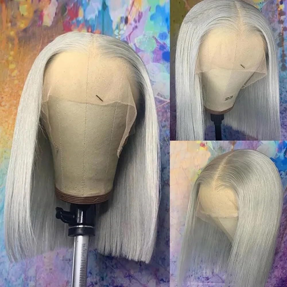 13x4 HD Lace Front Bob perruques cheveux humains gris sans colle perruque for les femmes gris argent couleur pré plumé délié naturel 200 densité Extensions de cheveux(16 inch)