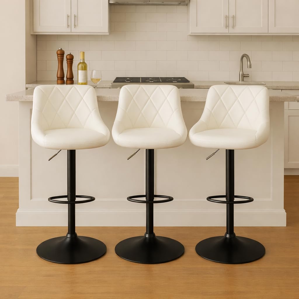 MOF Adjustable Bar Stools Set of 3, Swivel Faux Leather Breakfast Bar Stools with Backrest, Counter Height Kitchen Island Bar Chairs/Counter Stools with Footrest, Diamond Quilted (White)
