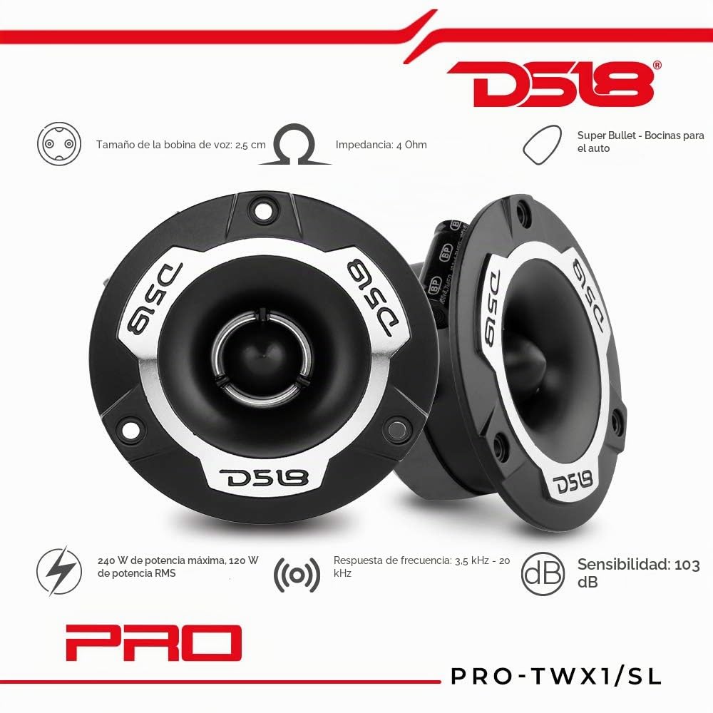 DS 2 tweeters Super Bala DS18 Pro-TWX1, 9,60 cm de diámetro, 120 vatios rms y 240 vatios máx, impedancia de 4 ohmios, 103 db, Puertas de Coche, por par