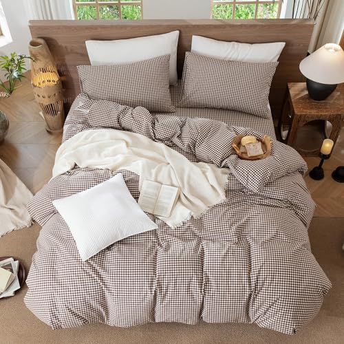 Image of MooMee Gingham Duvet Cover Set 100% Washed Cotton Linen Like King | Relaxed Linen-like Texture. Soft, Breathable & Long-lasting Comfort. Lightweight. Hidden Zipper with 8 Interior Corner Ties