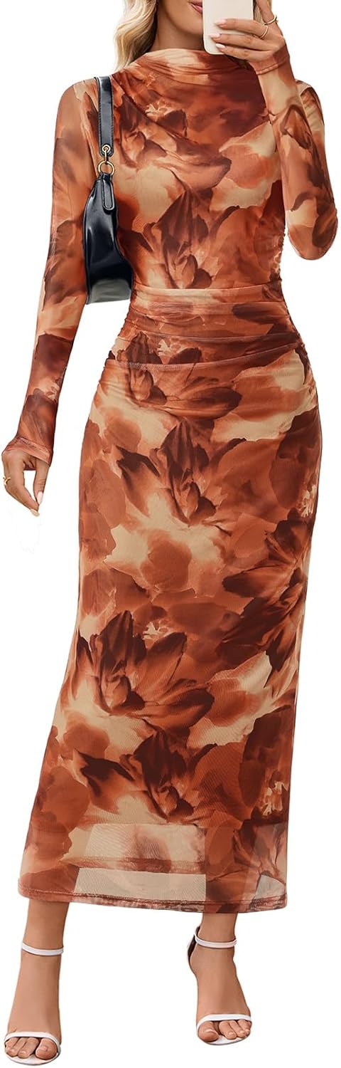 MEROKEETY Women’s Long Sleeve Fall Wedding Guest Dress 2025 Bodycon Floral Mesh Ruched Cocktail Maxi Dresses MEROKEETY Women’s Long Sleeve Fall Wedding Guest Dress 2025 Bodycon Floral Mesh Ruched Cocktail Maxi Dresses