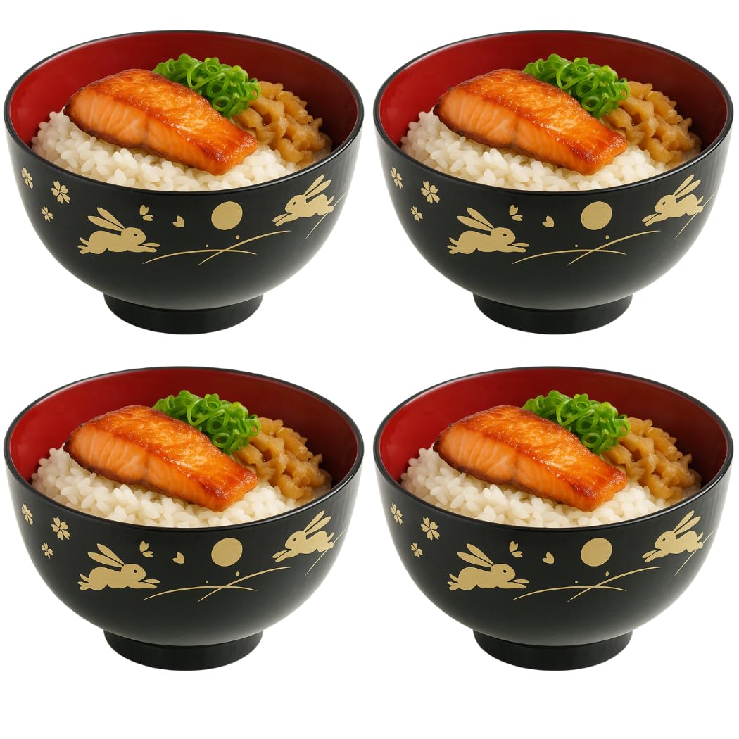 JapanBargain 2989 Japanische Suppenschalen aus Kunststoff, Häschen und Mond, 10,7 cm, Reis- und Müslischalen, lackiert, hergestellt in Japan, 4 Stück