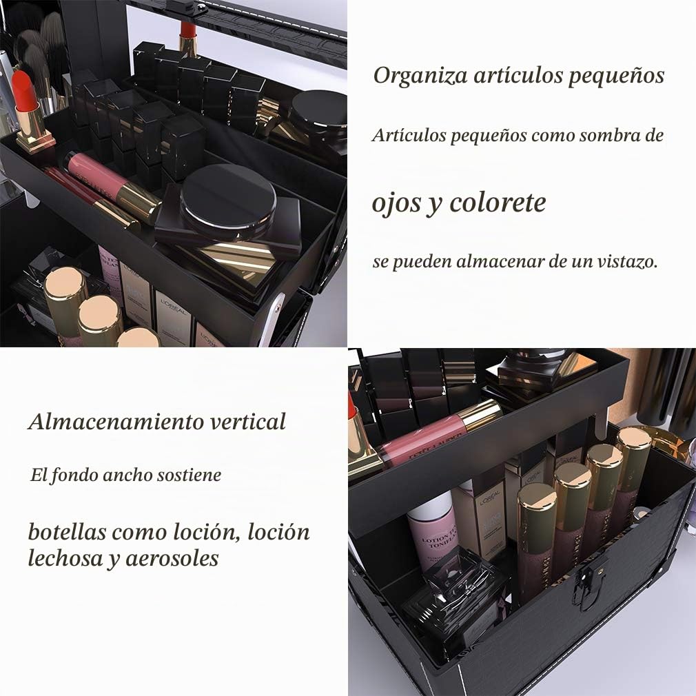 Maletín Maquillaje Profesional con Cerradura, Estuche de Maquillaje, Caja de Maquillaje de Viaje, Estuche de Cosméticos, Negro, Neceser Maquillaje Joyero Organizador