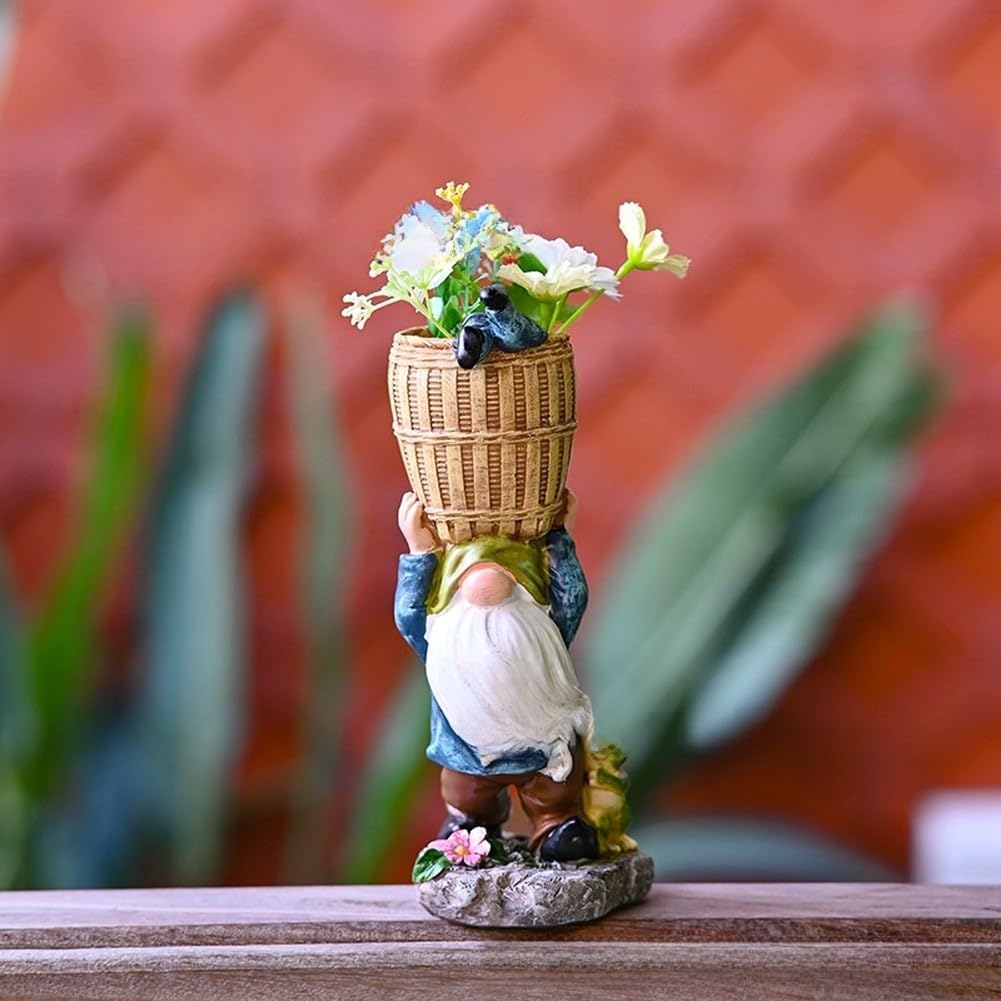 Maceta de jardín con figura de gnomo de resina FUBESK color azul