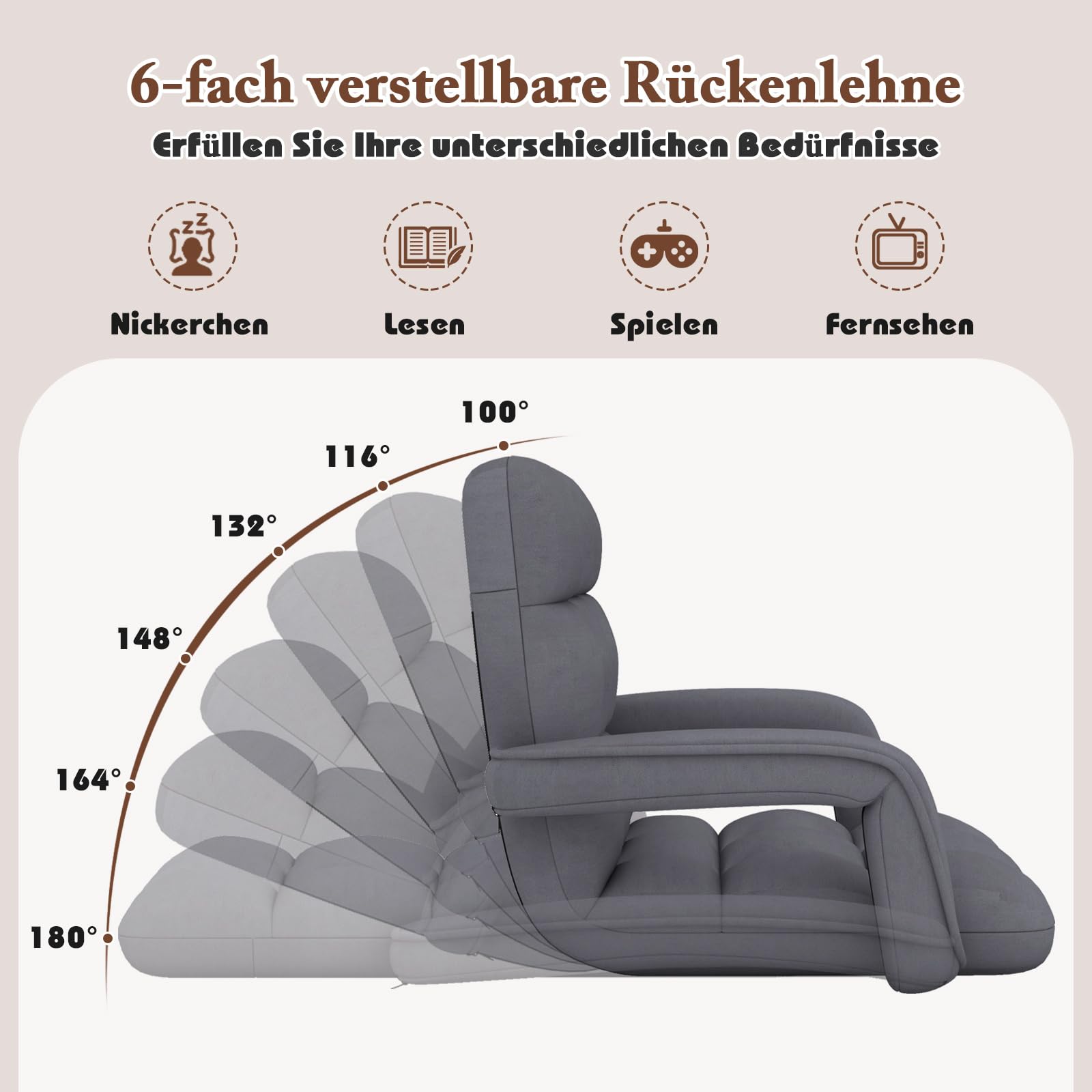 RELAX4LIFE Bodenstuhl 6-fach verstellbar, gepolsterter Bodensessel aus Wildleder-Stoff, Faulstuhl mit Rückenlehnen, Armlehnen & Metallgestell, Lazy Sofa platzsparend für Wohnzimmer Schlafzimmer Balkon