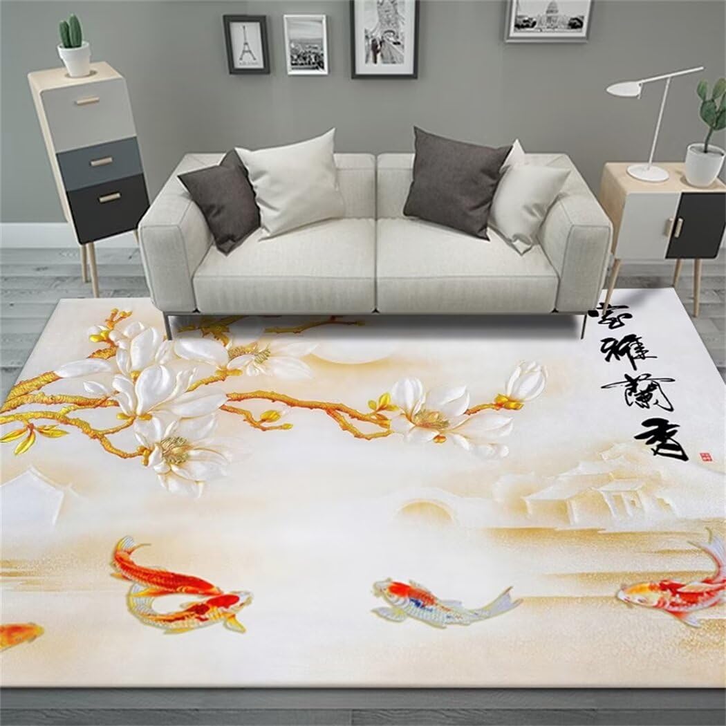 Tapis de grand salon blanc et or 200x300cm lavable au motif imprimé chinois