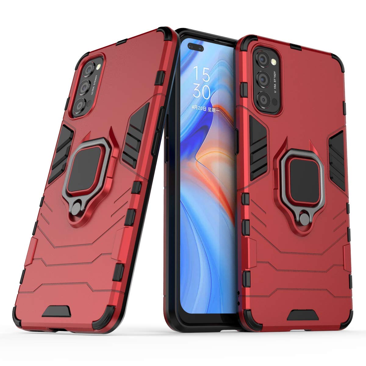 MRSTER OPPO Reno2 Case, Heavy Duty Armor Dual Layer Shock Resistant Hybrid Protective Case Cover with Ring Holder Kickstand for OPPO Reno 2. HB Red